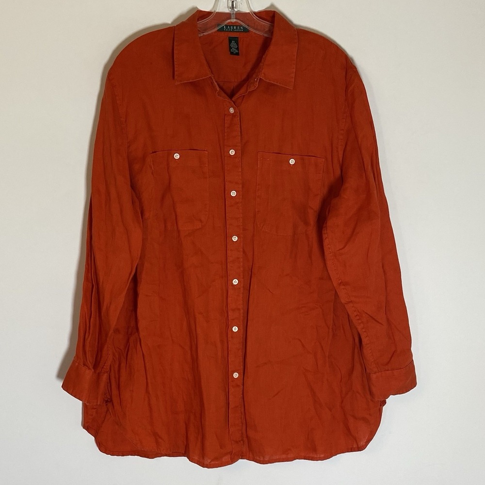 Lauren Ralph Lauren Top Womens 2X Red 100% Linen‎ Button Up Casual Pockets Beach
